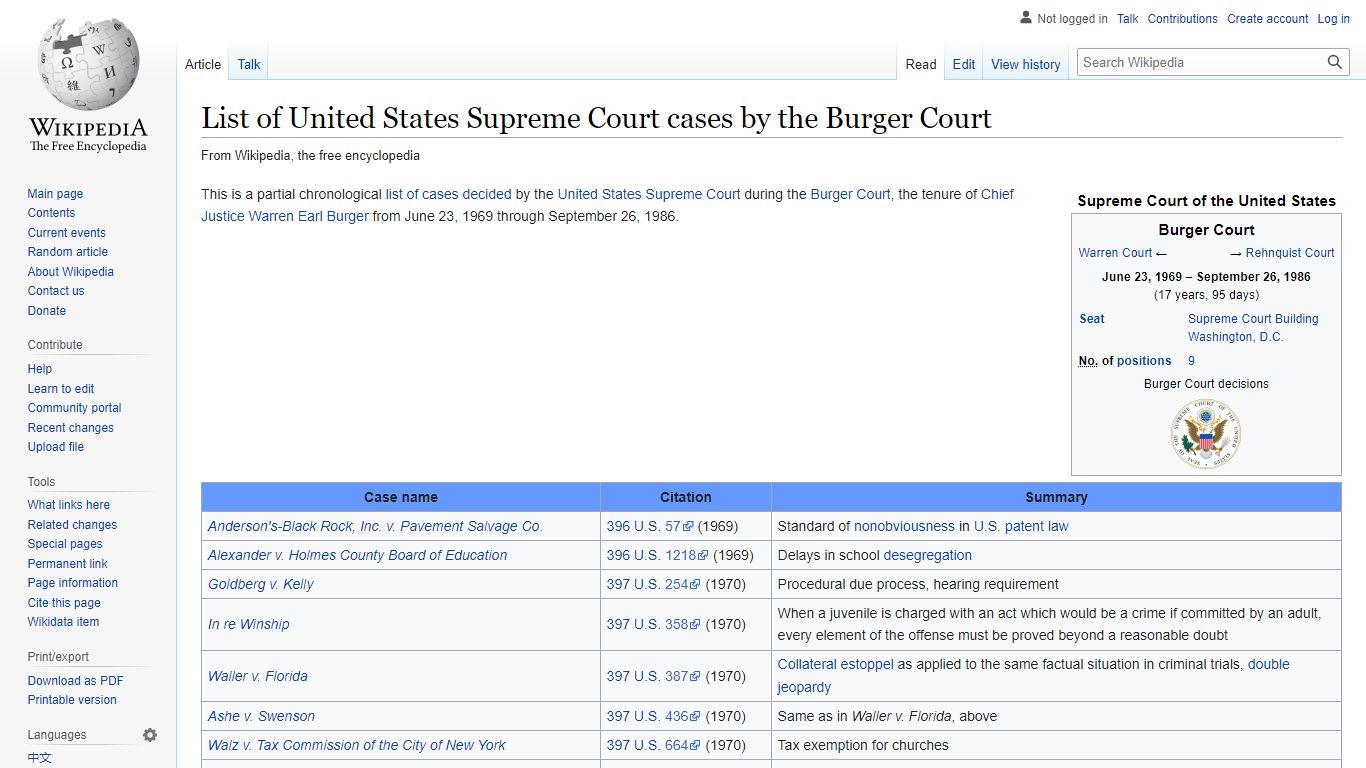 List of United States Supreme Court cases by the Burger Court